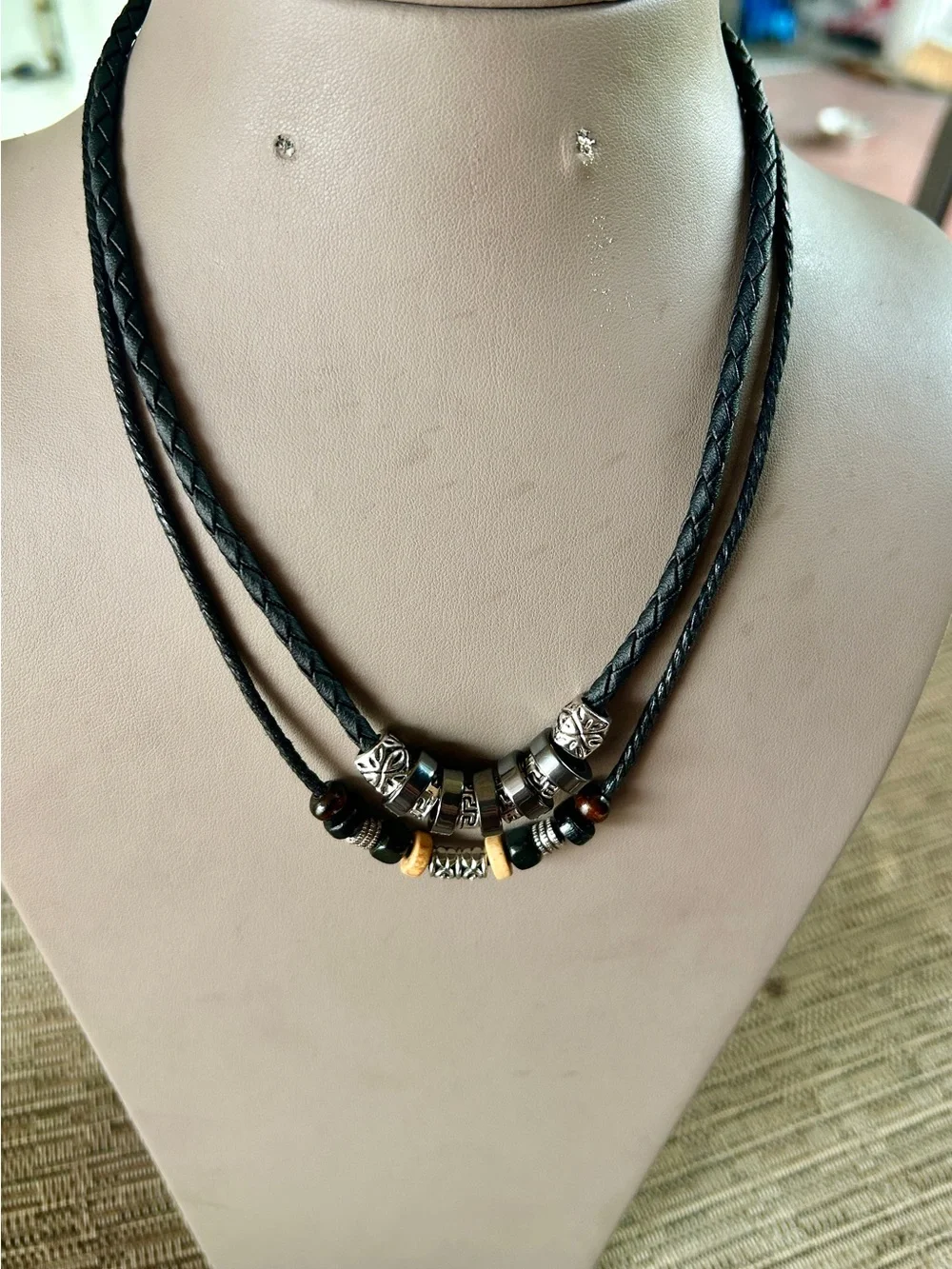 Men's Black Braided Leather Necklace with Mixed Metal Beads